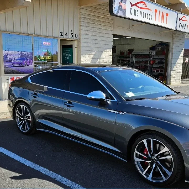 Gray Audi S5 Sportback with freshly tinted windows, photographed after its tint job at King Window Tint in Sacramento