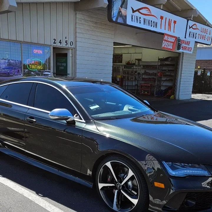 Black Audi S7 with freshly tinted windows, photographed after its tint job at King Window Tint in Sacramento