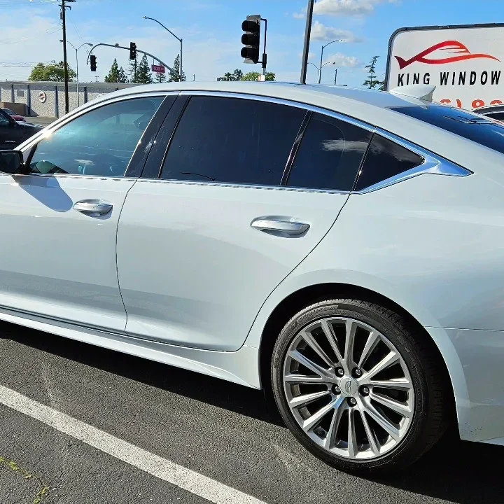 Silver Cadillac CT5 with freshly tinted windows, photographed after its tint job at King Window Tint in Sacramento