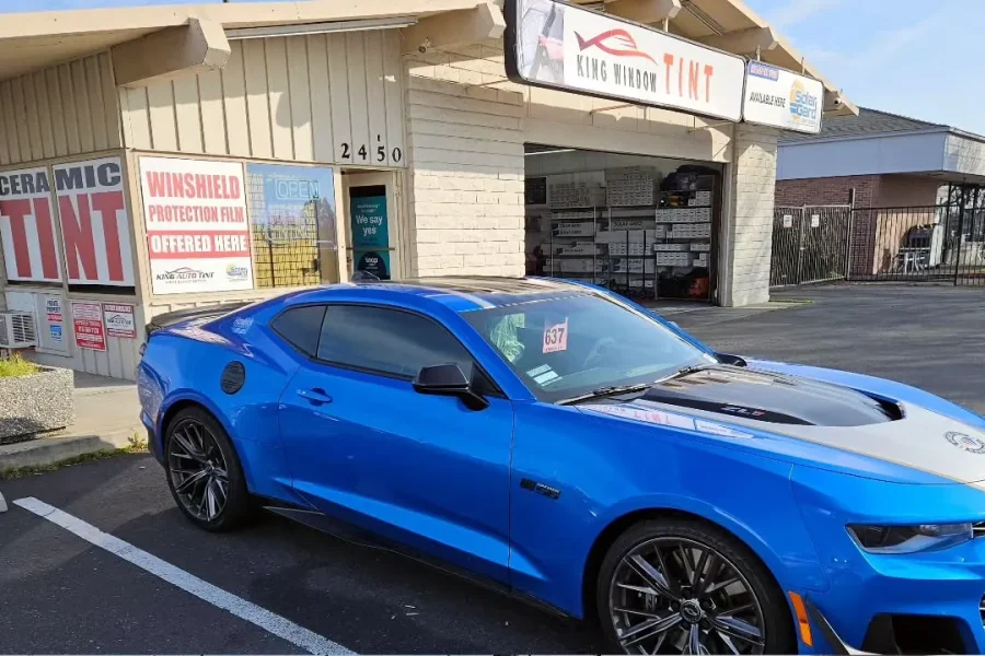 Blue Chevrolet Camaro with freshly tinted windows, photographed after its tint job at King Window Tint in Sacramento