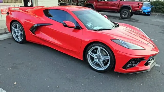 Red Chevrolet Corvette Stingray with freshly tinted windows, photographed after its tint job at King Window Tint in Sacramento