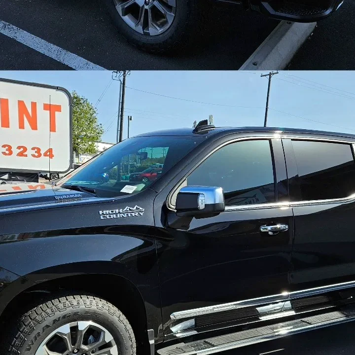 Black Chevrolet Silverado High Country with freshly tinted windows, outside the King Window Tint shop on Fulton Ave in Sacramento