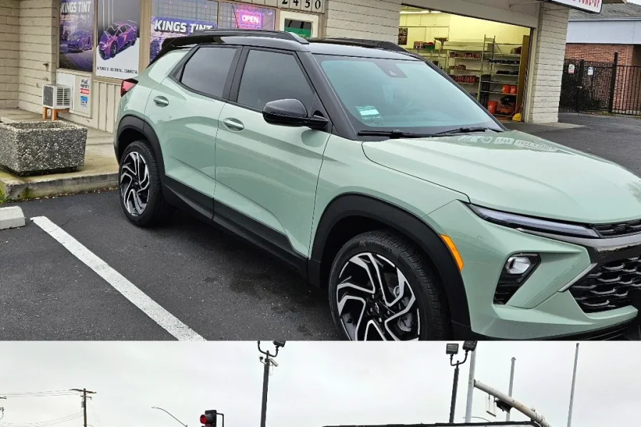 Mint green Chevrolet Trailblazer with freshly tinted windows, parked in front of King Auto Tint at 2450 Fulton Ave, Sacramento