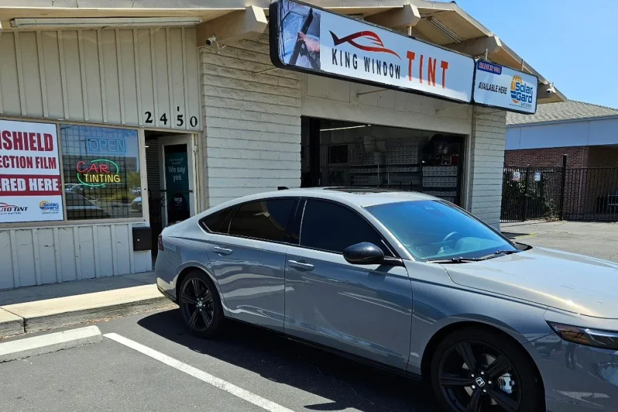 Gray Honda Accord with freshly tinted windows, photographed after its tint job at King Window Tint in Sacramento