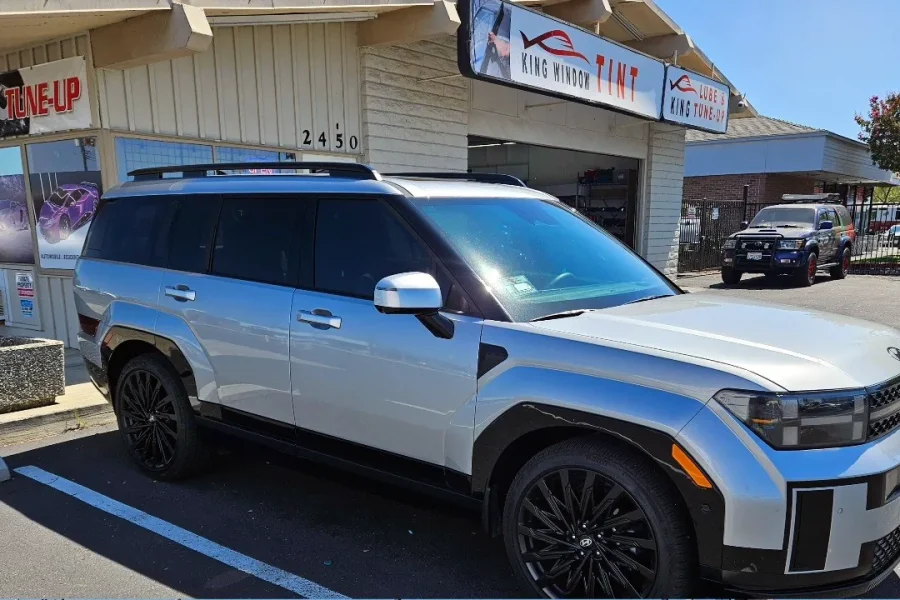 Silver Hyundai Santa Fe with freshly tinted windows, photographed after its tint job at King Window Tint in Sacramento