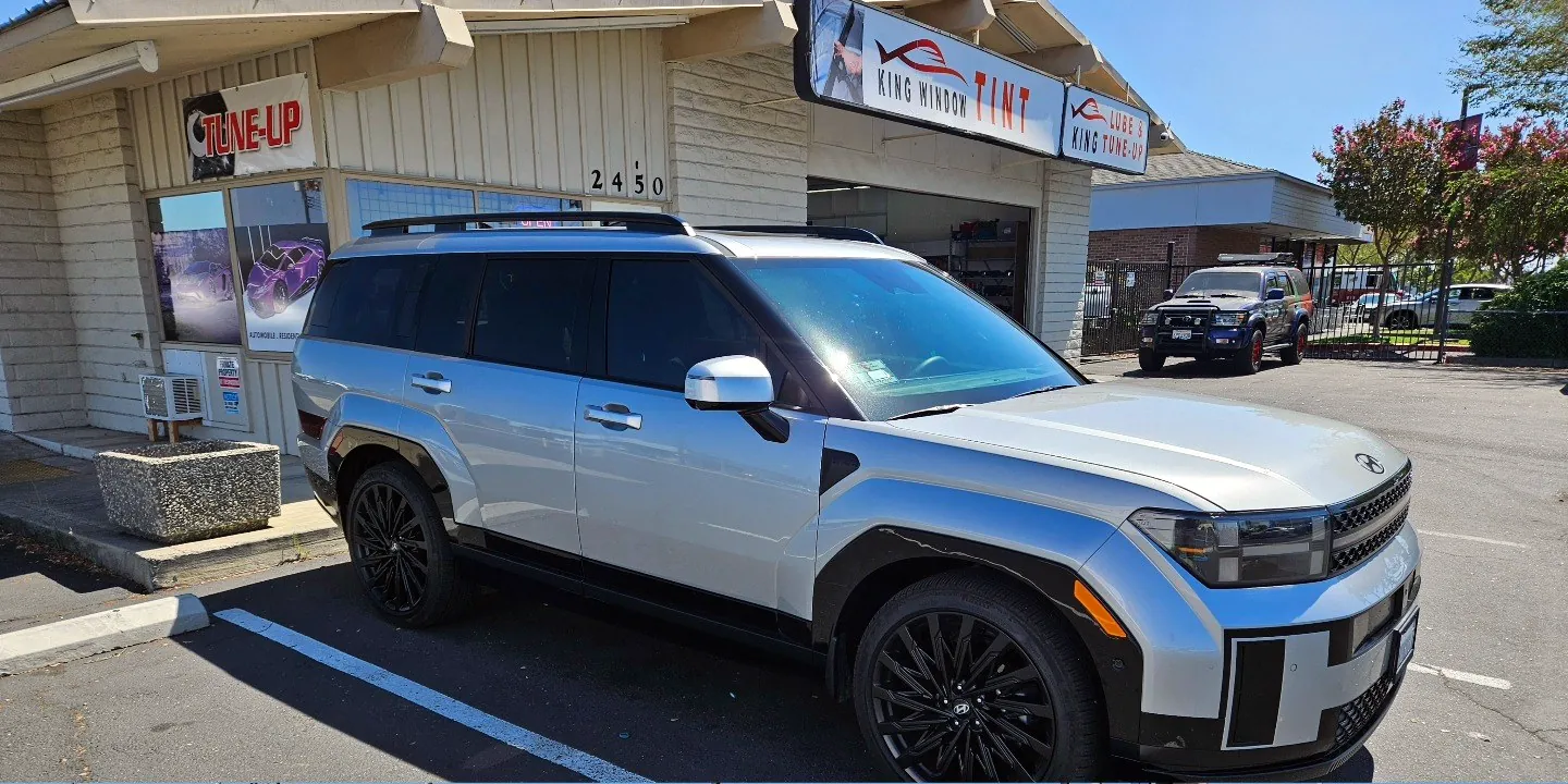 Silver Hyundai Santa Fe with freshly tinted windows, photographed after its tint job at King Window Tint in Sacramento