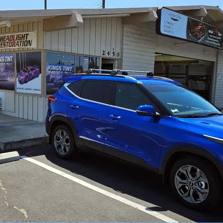 Blue Kia Seltos with freshly tinted windows, photographed after its tint job at King Auto Tint in Sacramento