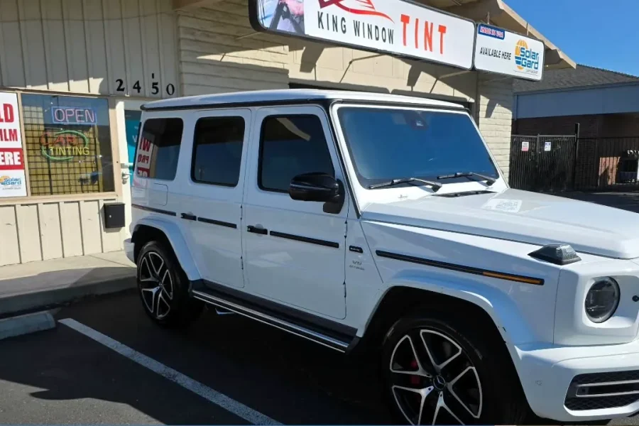 White Mercedes-AMG G 63 with freshly tinted windows, photographed after its tint job at King Window Tint in Sacramento