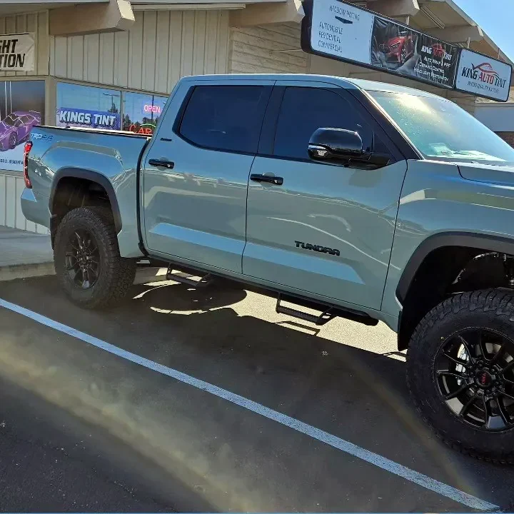 Cement gray Toyota Tundra with freshly tinted windows, photographed after its tint job at King Auto Tint in Sacramento