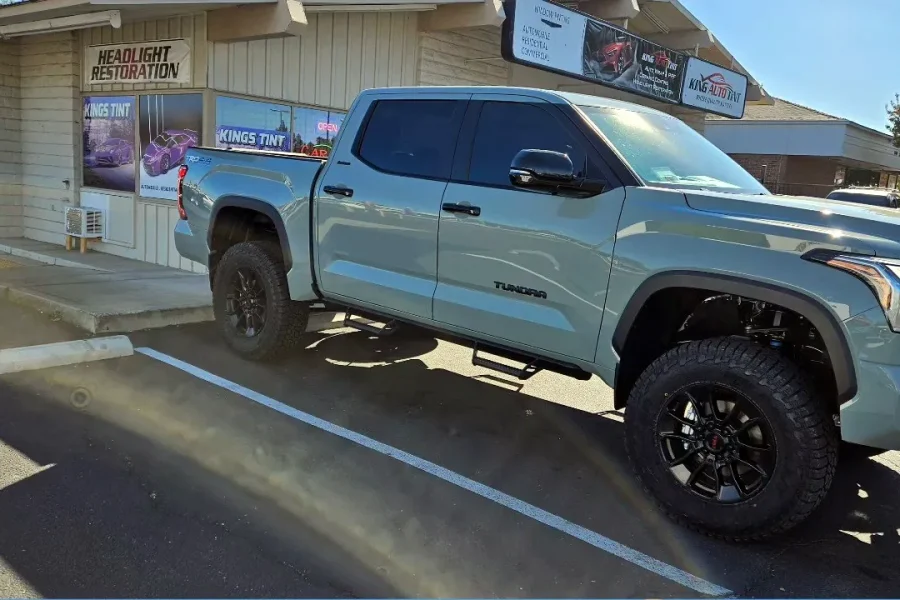 Cement gray Toyota Tundra with freshly tinted windows, photographed after its tint job at King Auto Tint in Sacramento